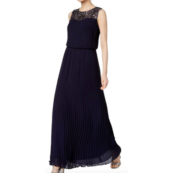 Alex Evenings Women's Pleated Dress Beaded Neckline Formal NAVY Blue 10 NEW $229 - Picture 3 of 9